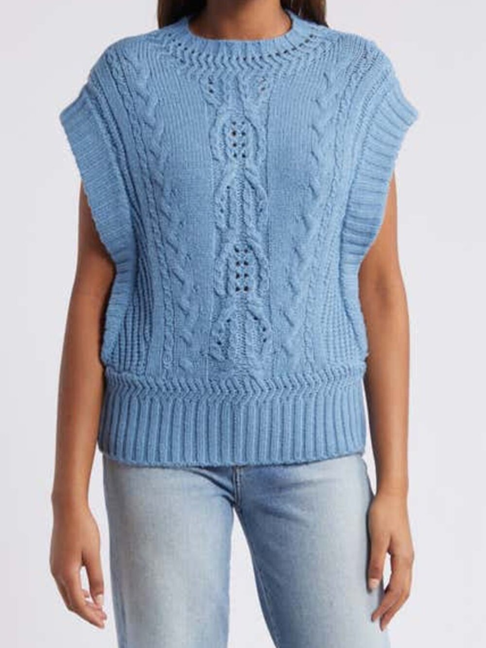 Wit & Wisdom Cable-Knit Sweater Vest in Slate Blue – Chunky Crewneck Knitwear